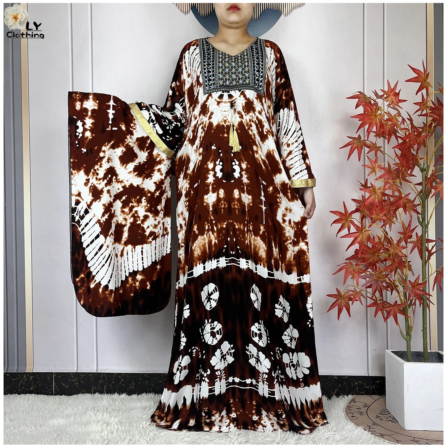 2025 New African Abaya For Women Dress Loose Batwing Sleeve Pockets High-quality Tie-dye Pure Cotton Fabric Women Islam Clothing.