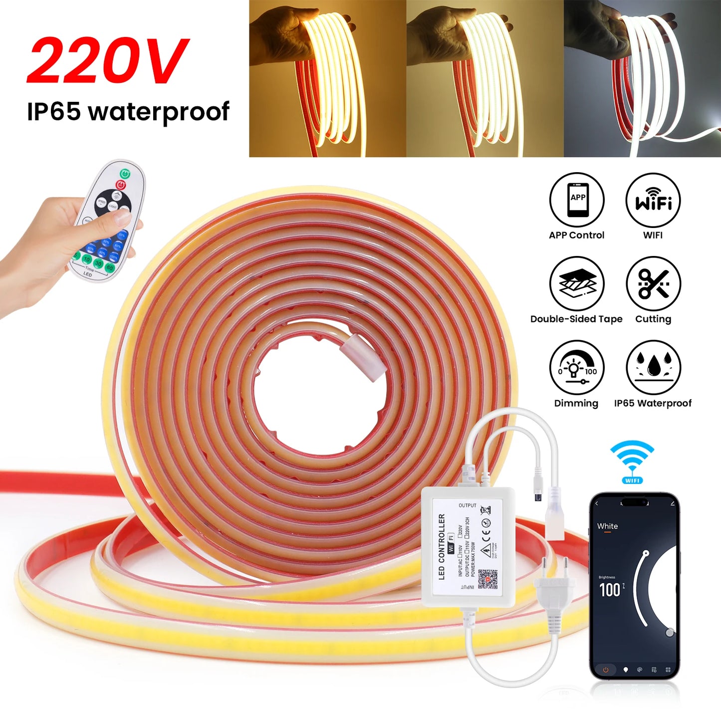 COB LED Strip Dimmable 220V 288LEDs/m Wall Touch Wifi Bluetooth Remote Control Power Kit Waterproof Silicone Tube Adhesive Tape.