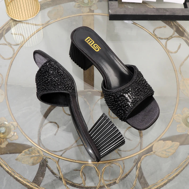 High-heeled slippers 2024 summer fashion new thick with square head luxurious ladies slippers coarse heel 6CM.