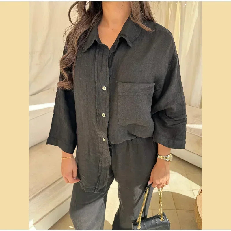 Women Vintage Solid Loose Pants Suit Lapel Single Breasted Long Sleeve Shirt Wide Leg Pants 2 Pcs Set 2025 New Ladies Streetwear.