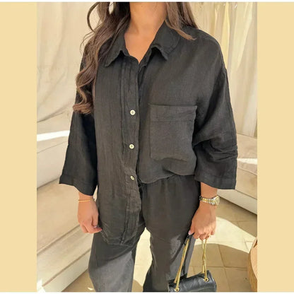 Women Vintage Solid Loose Pants Suit Lapel Single Breasted Long Sleeve Shirt Wide Leg Pants 2 Pcs Set 2025 New Ladies Streetwear.