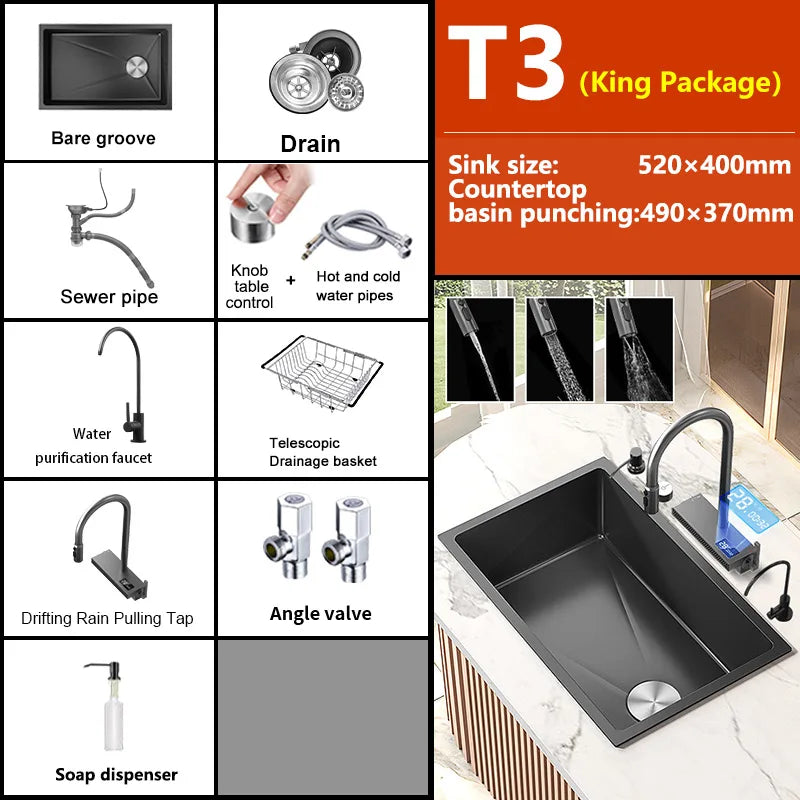 Black Stainless Steel Kitchen Sink Waterfall Sink dishwashing Basin Large Single Sink Household Sink Under The Counter Sink