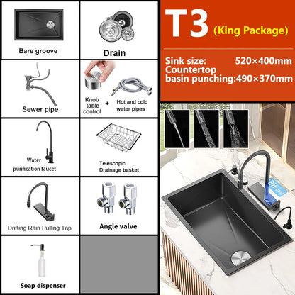 Black Stainless Steel Kitchen Sink Waterfall Sink dishwashing Basin Large Single Sink Household Sink Under The Counter Sink