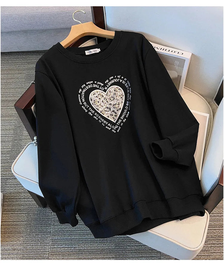175 kg Plus Size Damen Büste 170 Frühling Herbst Lose Rundhals Langarm Bedrucktes Sweatshirt Schwarz Rosa 5XL 6XL 7XL 8XL 9XL