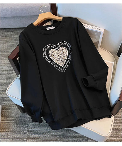 175 kg Plus Size Damen Büste 170 Frühling Herbst Lose Rundhals Langarm Bedrucktes Sweatshirt Schwarz Rosa 5XL 6XL 7XL 8XL 9XL