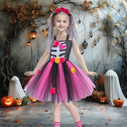 Halloween Kinder Kleid Cosplay Herz druck Skelett Kostüme Mädchen Blumen Schädel Tutu Kleidung Kinder Karneval Leistung Outfits.