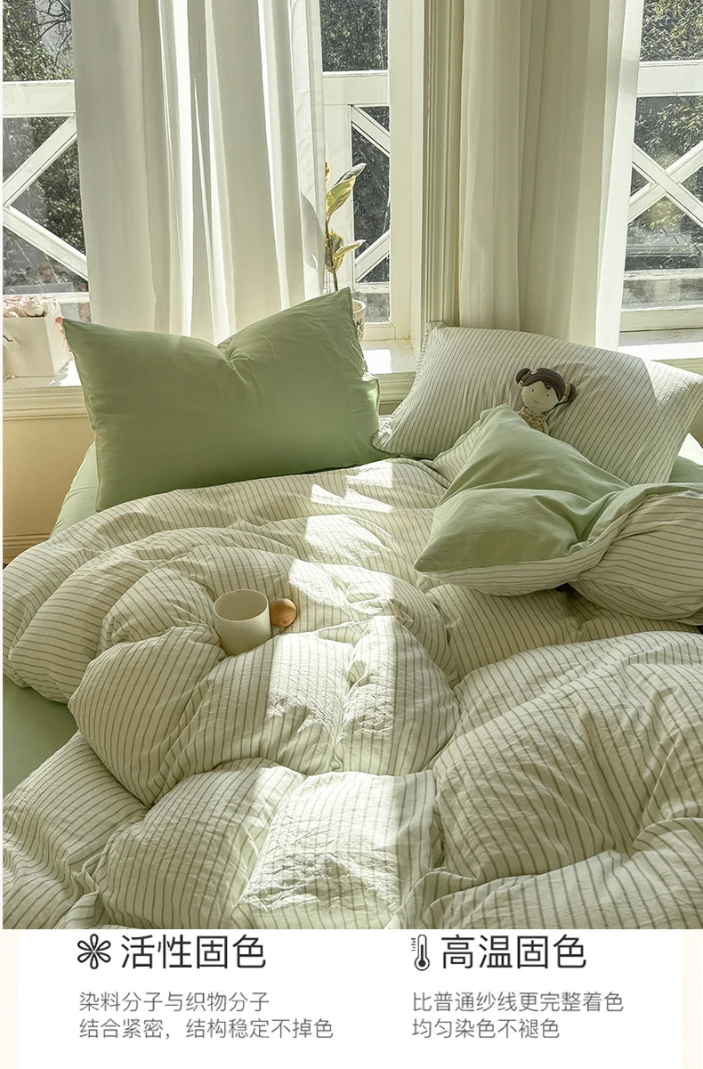 Washed Cotton Duvet Cover Set Quilt Set Ins Nordic Minimalist Style Grey Strip Bed Set Home Textile Bedding Set Bed Sheets 2025.