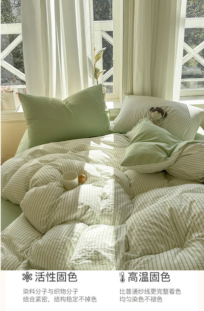 Washed Cotton Duvet Cover Set Quilt Set Ins Nordic Minimalist Style Grey Strip Bed Set Home Textile Bedding Set Bed Sheets 2025.