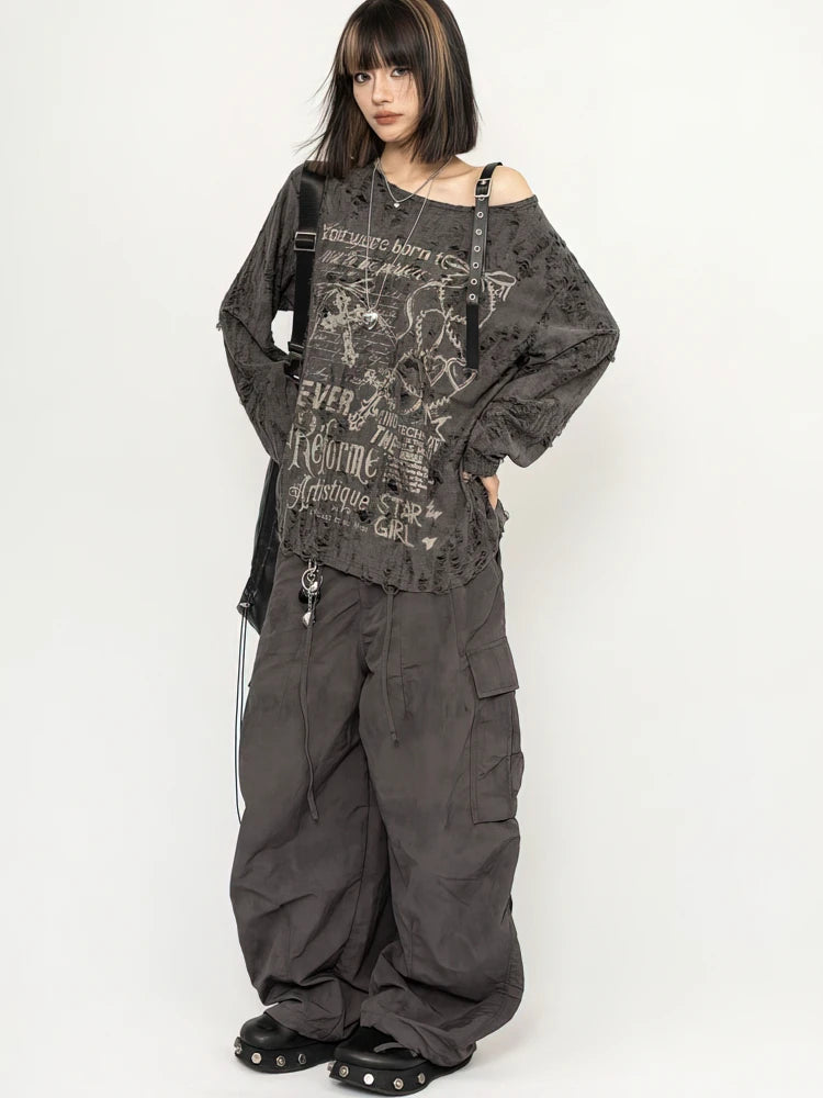 Y2k Long sleeve T shirt Women Off shoulder Oversize Tops Female Spring Autumn Vintage Holes Basic Tees Streetwear Chic.