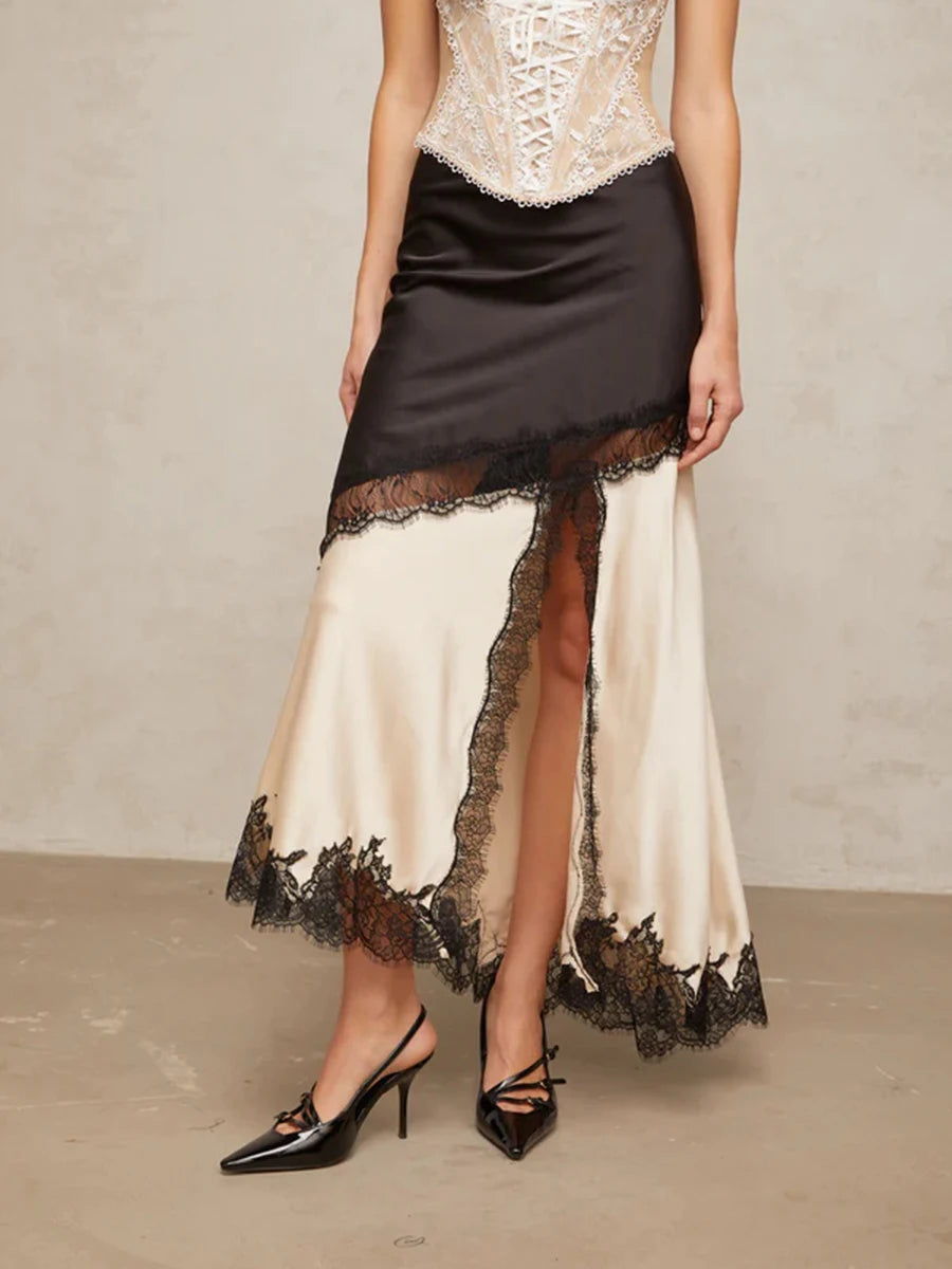 TWOTWINSTYLE Colorblock Slimming Fashion Midi Skirts for Women Patchwork Lace Temperament Skirt Female Elegant Clothing Style.
