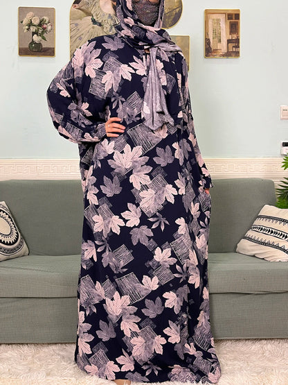 Muslim Cotton Abayas For Women Traditional Floral Ramadan Prayer Garment African Caftan Marocain Femme Robe Connected Headscarf