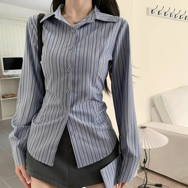 Korean Blue Striped Long Sleeve Shirt Jacket Women's Spring Design Waist Cinching Slimming Top Women Clothing.