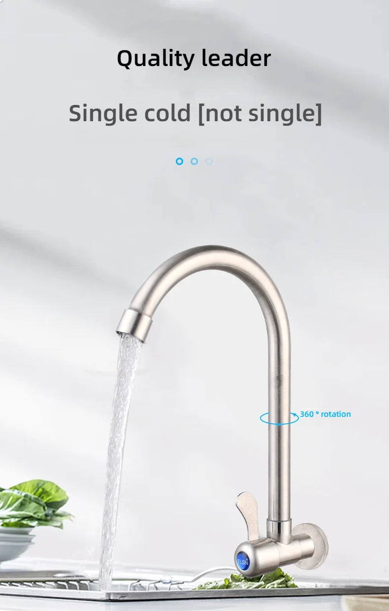 Kitchen Stainless Steel Faucet Wall Mounted Rotate Single Cold Water Sink Tap Household Kitchen Universal Faucet