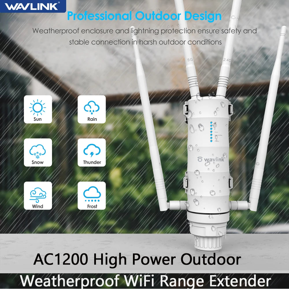 Wavlink AC1200 High Power Outdoor Weatherproof WiFi Range Extender/AP/Mesh Agent Dual Dand 2.4G&5.8Ghz Wireless WiFi Router POE.