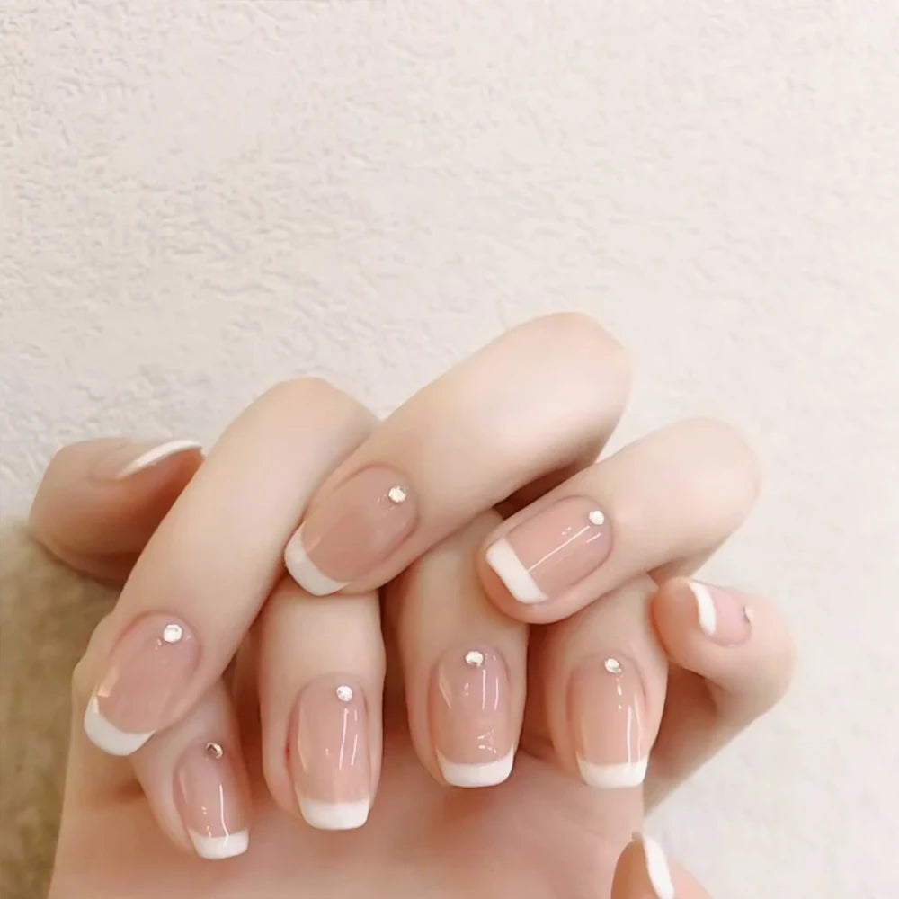 24pcs(+Tools) Pearl Bow Nude Pink Press On Nails White French Fingertips Almond Full Cover Fasle Nails New Year Nail Accessories.