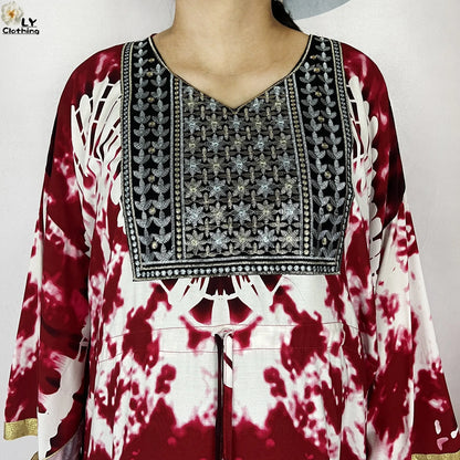 2025 New African Abaya For Women Dress Loose Batwing Sleeve Pockets High-quality Tie-dye Pure Cotton Fabric Women Islam Clothing.