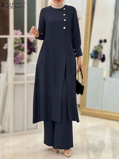 ZANZEA Muslim Abaya Suit Elegant Women Matching Sets Fashion Long Shirt Tops & Wide Leg Pants Ramadan Outfits Urban Tracksuits