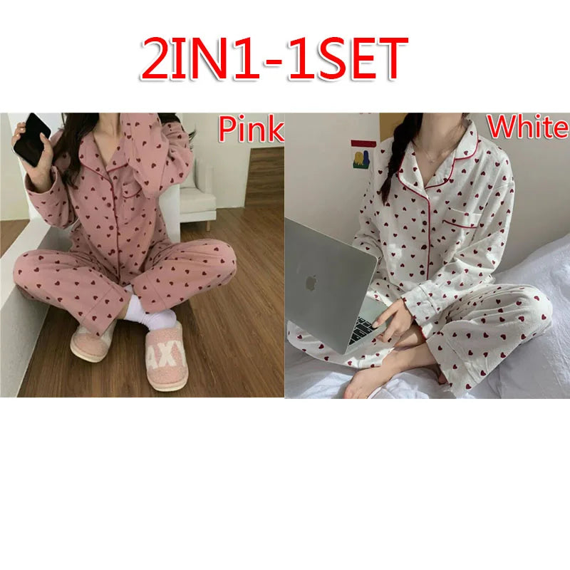M-XXL Large Size Nightwear Women Sleepwear Autumn and Winter Cardigan Home Wear Peach Heart Long Sleeves School Silk Pajamas