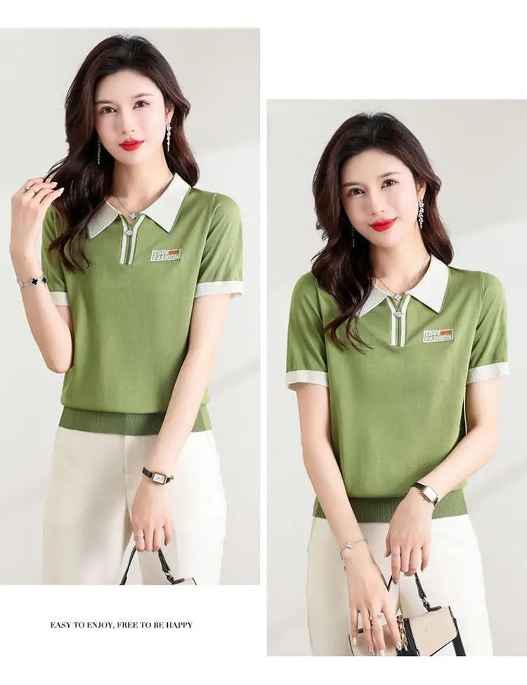 Fashionable polo collar middle-aged and elderly women's loose knitwear thin casual short-sleeved T-shirt.