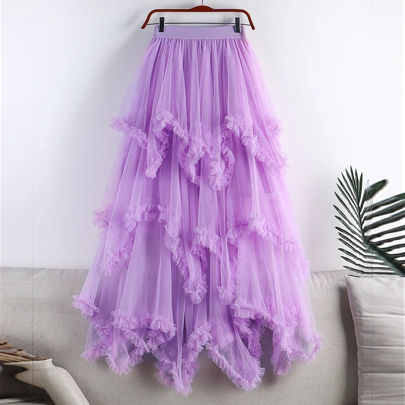 Autumn Winter New 2025 Irregular Cake Tulle Skirt Women Sweet Midi Long High Waist A Line Skirt Female Mesh Party Skirt Lady