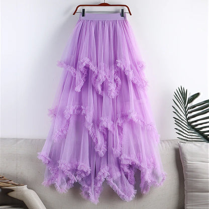 Autumn Winter New 2025 Irregular Cake Tulle Skirt Women Sweet Midi Long High Waist A Line Skirt Female Mesh Party Skirt Lady