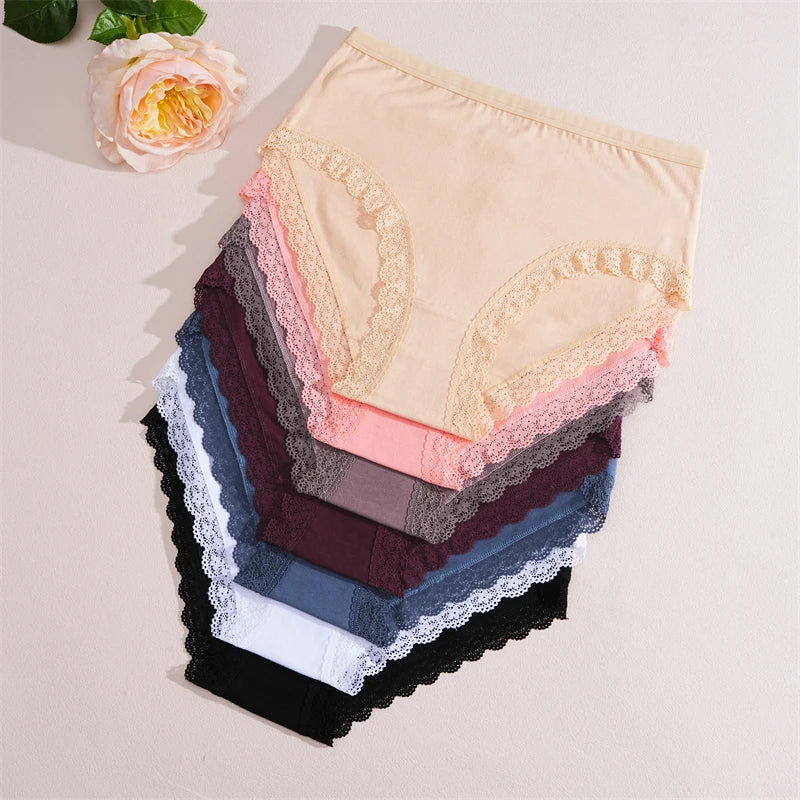 FINETOO 5Pcs Women Cotton Lace Underwear Sexy Seamless Breathable Panties Plus Size Mid-Waist Briefs Female Solid Soft Lingerie.