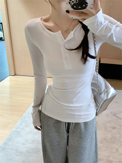 Women Fashion Slim Long Sleeve Shirts Button Solid Sexy Girl Pullover Tops Spring Fall Retro Simple T-shirt Casual Street Y2K.