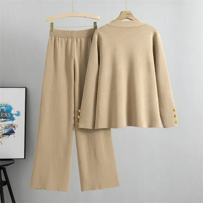 2 Piece Sets Muslim Ensemble Knitting Outfits Women Cardigan Sweater Buttons Pockets Knit Wide Leg Pants Suit Casual Knitwear.