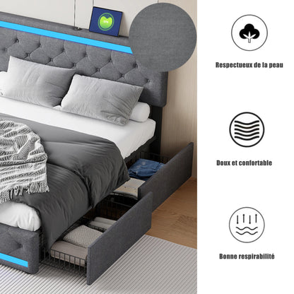 Lazyspace gepolstertes Doppelbett 140/160/180 x 200 cm, mit LED-Licht und 4 Schubladen, Metallrahmen und Holzlatten, Leinen