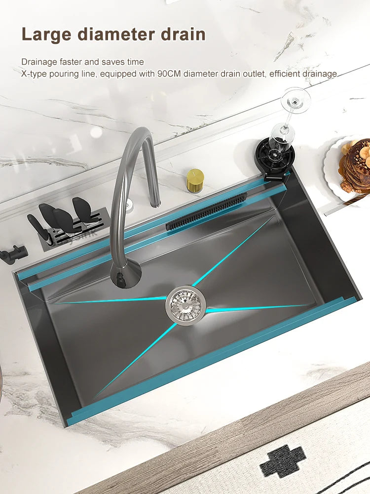 Küchenspüle aus Edelstahl mit Wasserfall, großer Einzelschlitz, multifunktionale Geschirrspülbecken, Unterbaubecken