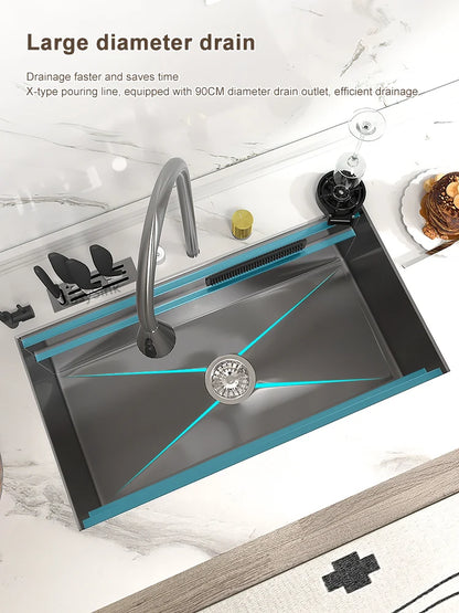 Küchenspüle aus Edelstahl mit Wasserfall, großer Einzelschlitz, multifunktionale Geschirrspülbecken, Unterbaubecken