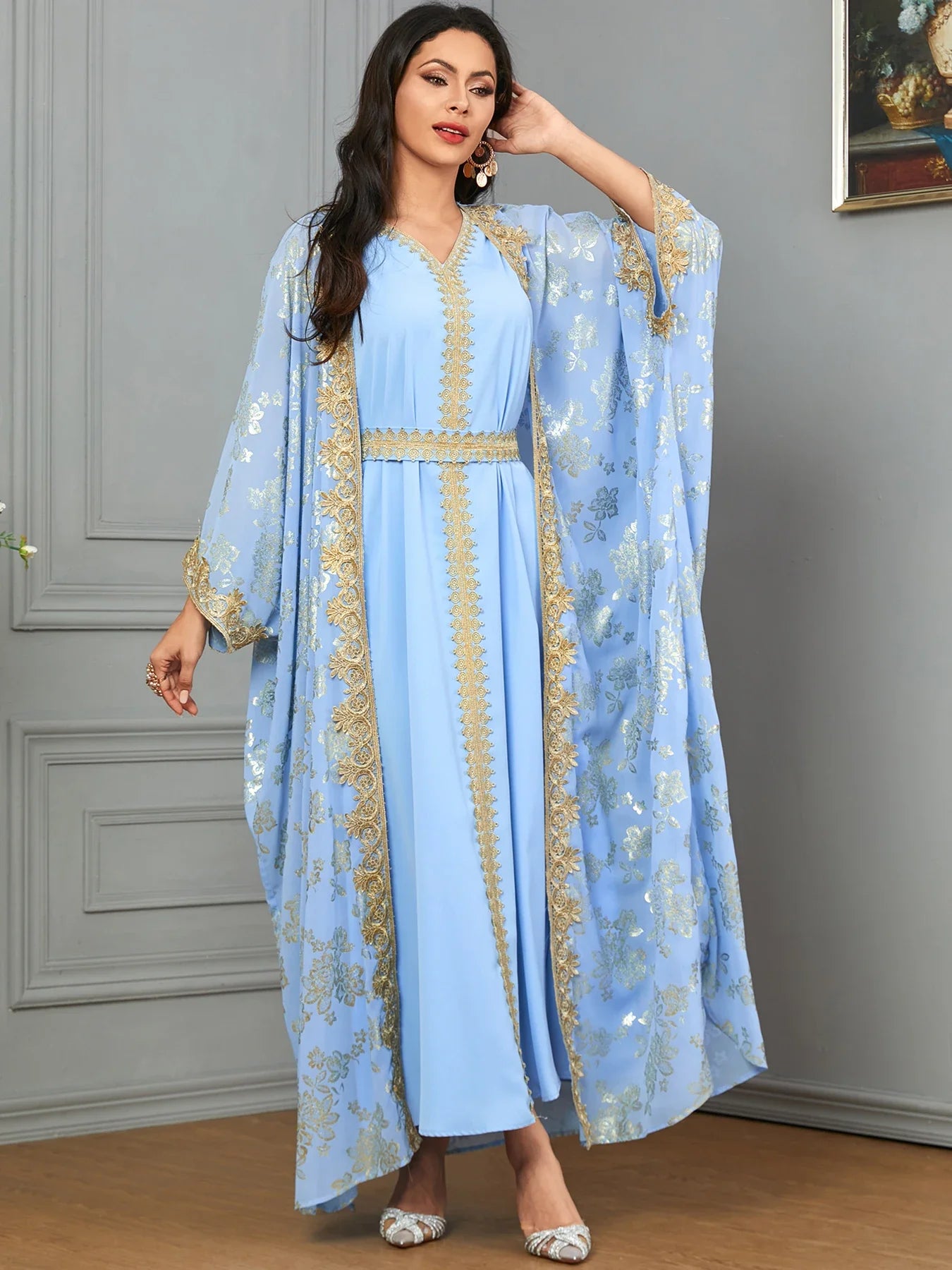 Eid Muslim Party Dress for Women Abaya with Inner Dress 2 Piece Set Jalabiya Ramadan Abayas Robe Caftan Vestidos Largos 2024.