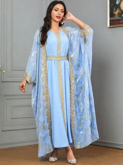 Eid Muslim Party Dress for Women Abaya with Inner Dress 2 Piece Set Jalabiya Ramadan Abayas Robe Caftan Vestidos Largos 2024.