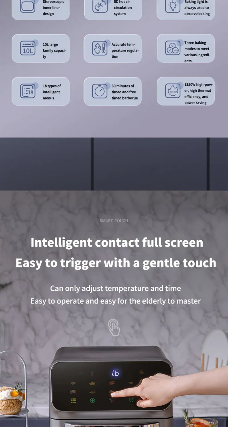 10L Large Capacity Electric Air Fryers Oil-free Automatic Household Kitchen 360°Baking Convection Oven Deep Fryer without Oil.