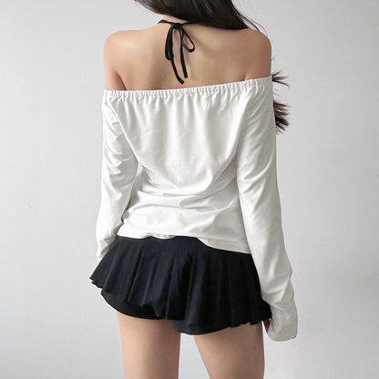 2025 Autumn Winter Women Korean Fake Two Pieces Slash Neck Top 2000s Long Sleeve T-Shirt Kpop Tees Y2k Design Coquette Gyaru New.