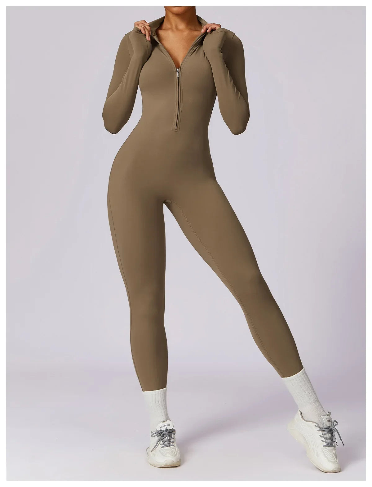 Zipper Sensation Long Sleeve Yoga Suit High Intensity Fitness Sports Bodysuit Tight Fit Clothing 8306 One Piece Suit.