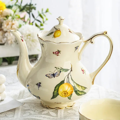 European Style Ceramic Mug Coffee Cup and Saucers Set Lemon Pattern Retro Afternoon tea cup Dessert Plate Teapot Home kettle.