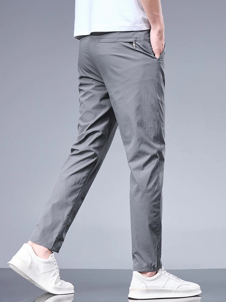Summer New Business Ice Silk Pants Straight Elastic Waist Black Gray Trousers Breathable Simple Male Clothing Casual Suit Pants.