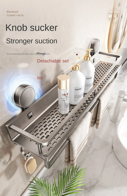 Bewegliches Badezimmerregal ohne Bohren – 30/40/50 cm Saugnapf-Organizer mit Haken/Stange, einfach zu installieren und zu reinigen, wasserdichtes Toilettenregal