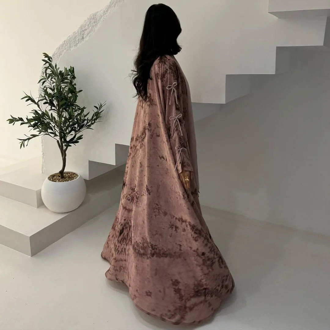 Ramadan Eid Tie Dye Butterfly Bow Muslim Modest Kimono Abaya Damen Dubai Luxury Islam Women Kebaya With Hijab Kaftan Robe Femme.