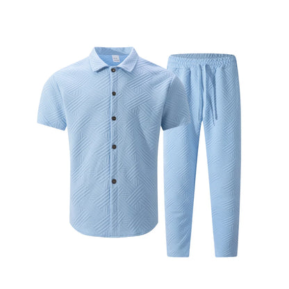 A fashionable and trendy two-piece short-sleeved shirtwithlong pants is perfect for men's daily casual wear in spring and autumn.