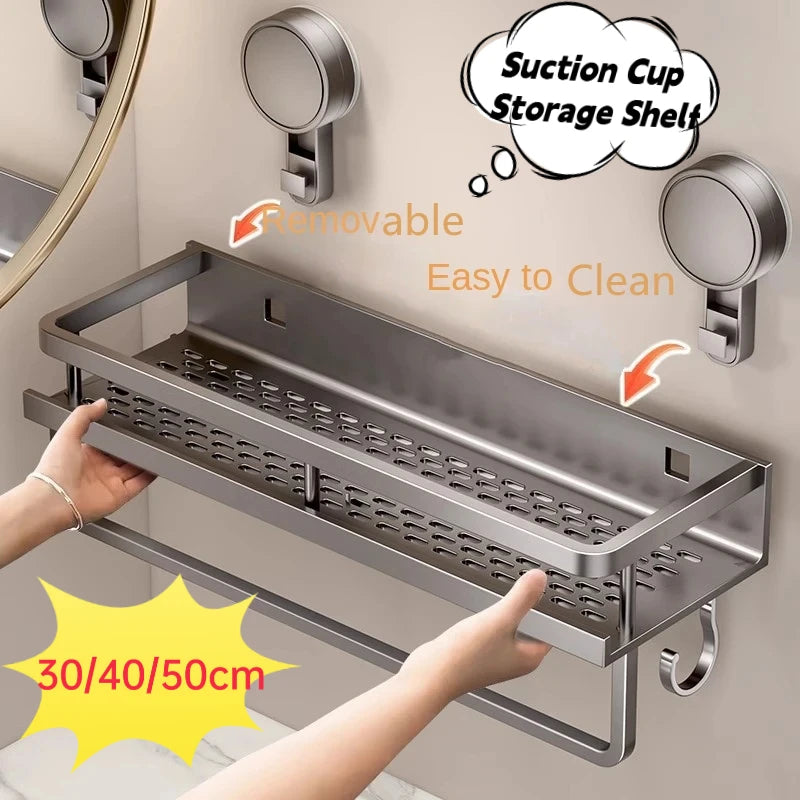 Bewegliches Badezimmerregal ohne Bohren – 30/40/50 cm Saugnapf-Organizer mit Haken/Stange, einfach zu installieren und zu reinigen, wasserdichtes Toilettenregal