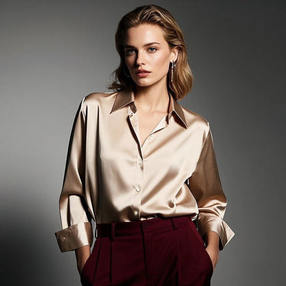Luxury Satin Finish Shirts And Blouses For Women Clothes Casual Top OL Long Sleeve Single Breasted Elegant French Solid Blouses.