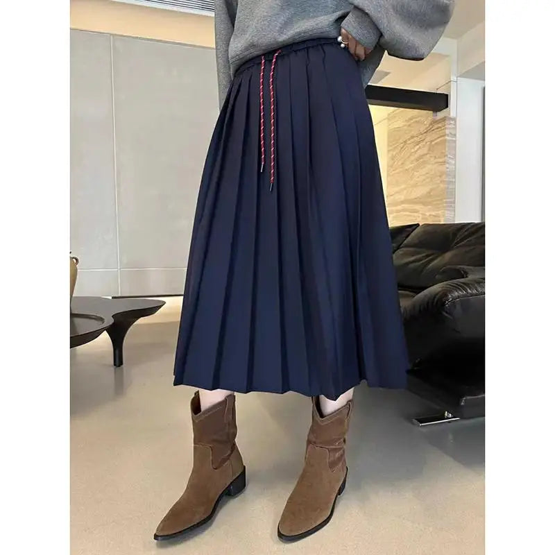 Autumn Women's Solid Color High Waist Pleated A Line Long Skirt Korean Fashion College Style Drawstring Lace-up Skirt 2024 Trend.