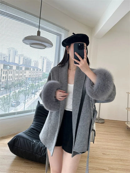 Mode Woolen Jacke mit gürtel Frauen Mantel 2025, Neue Herbst Winter Temperament Lose Strickjacke Weibliche Outwear.