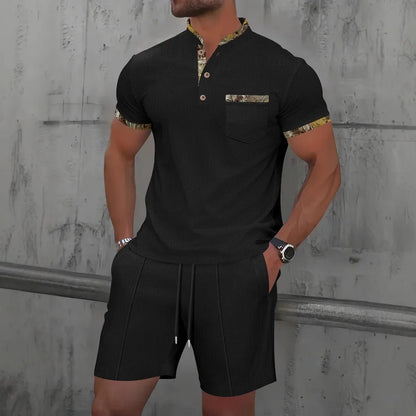 2025 Men Europe and the United States new summer Waffle solid color zip-up lapel short-sleeve suit shorts two sets