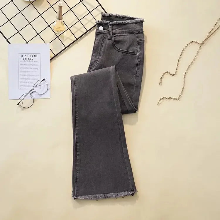 Black High-waisted Elastic Slimming Jeans For Women Micro Flared Straight Leg Loose Fit Wide Leg Fringebell Bottom Pants Trendy.