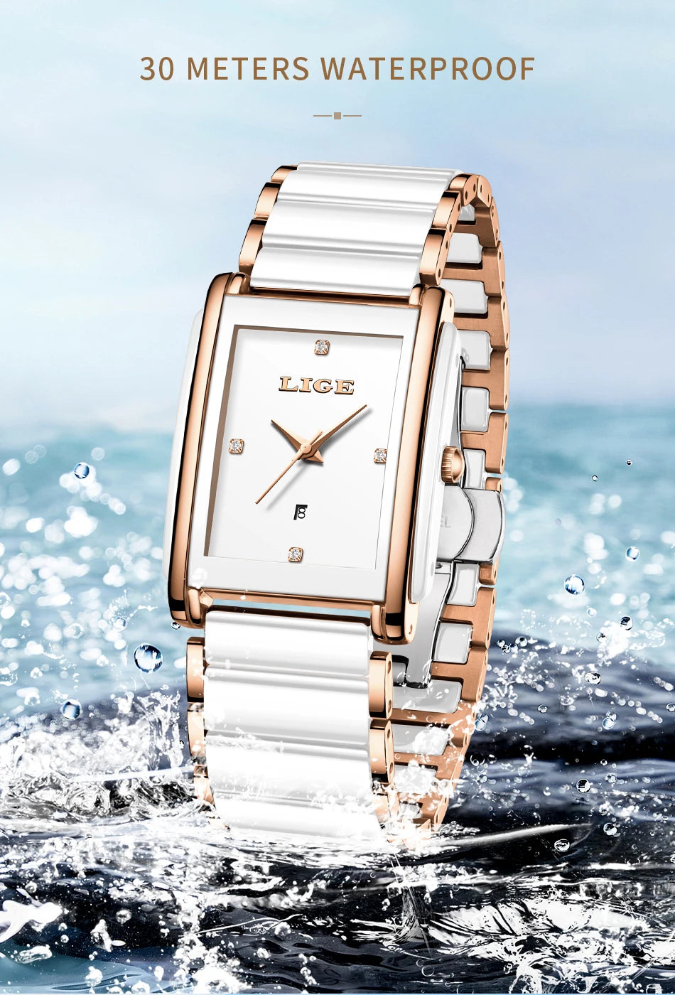 LIGE Fashion Square Quartz Woman Watches Ceramics Elegant Simple Diamond Auto Date Romantic Birthday Gift Leisure Wristwatch New.