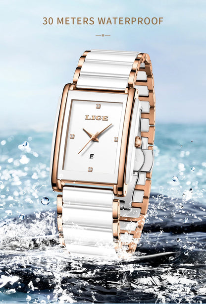 LIGE Fashion Square Quartz Woman Watches Ceramics Elegant Simple Diamond Auto Date Romantic Birthday Gift Leisure Wristwatch New.
