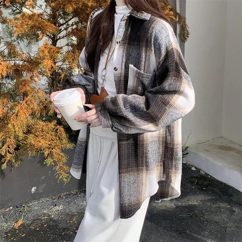 Zjaiss Women Thick Woolen Plaid Blouse Loose Long Sleeved Tops 2025 Autumn Winter New Casual Shirt Long Shirts.